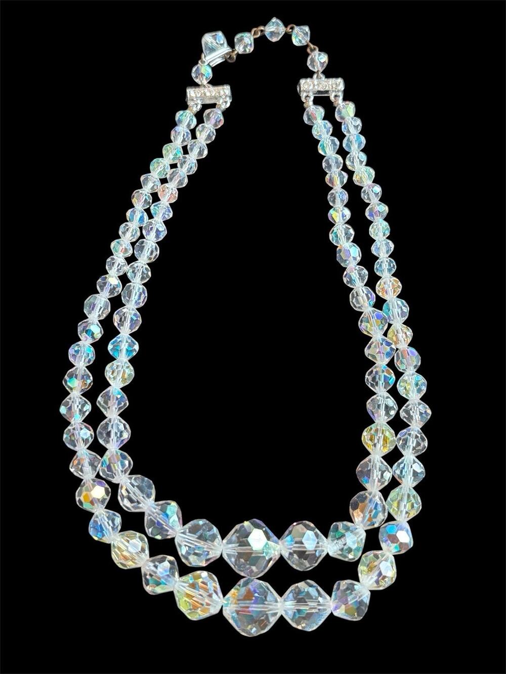 VTG Multicolor Aurora Borealis Faceted Crystal Glass Double Strand Necklace 16"